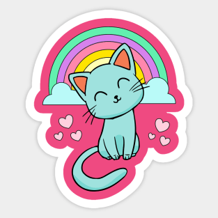 Cute Kitty Cat With Rainbow & Hearts Girls Sticker